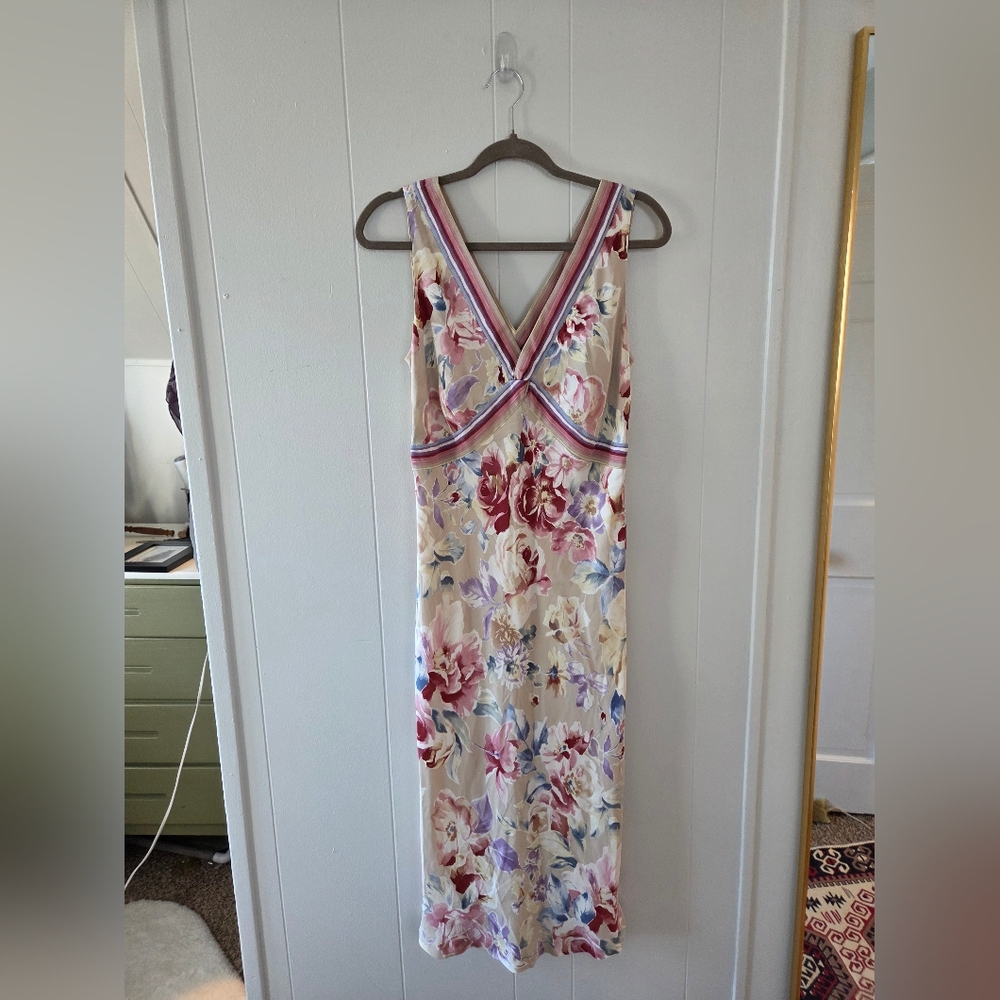 Gerard Darel 90s Floral V-Neck Bias Cut Silk Dress